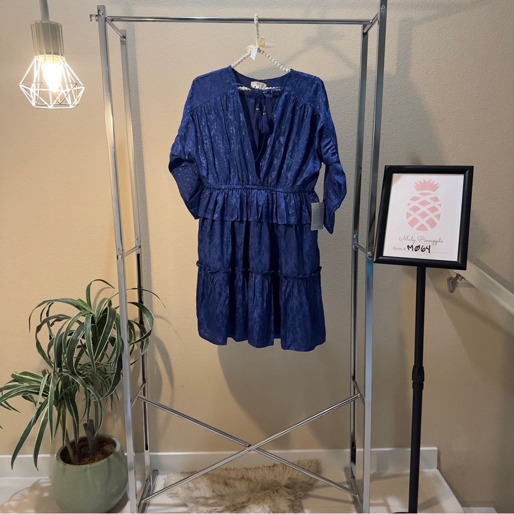 NWT NSR size M blue satin long sleeves floral design tassels ruffled mini dress